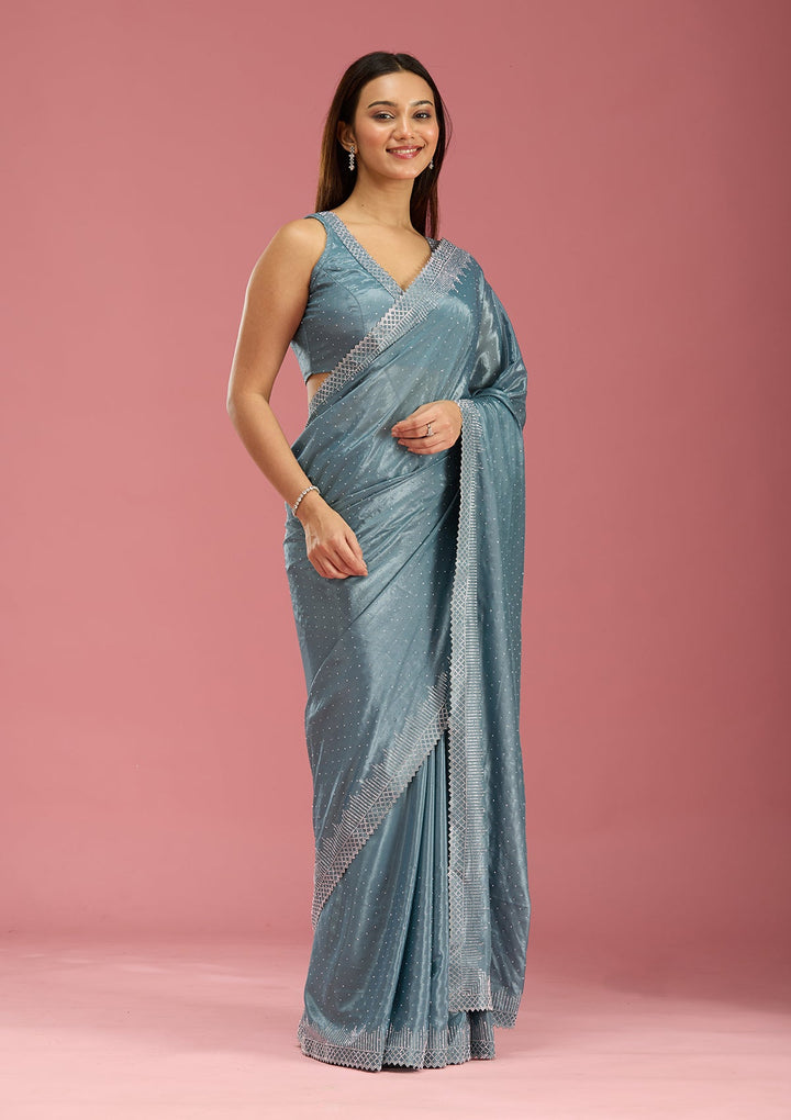 Teal Green Stonework (Silver) Satin Saree-Koskii