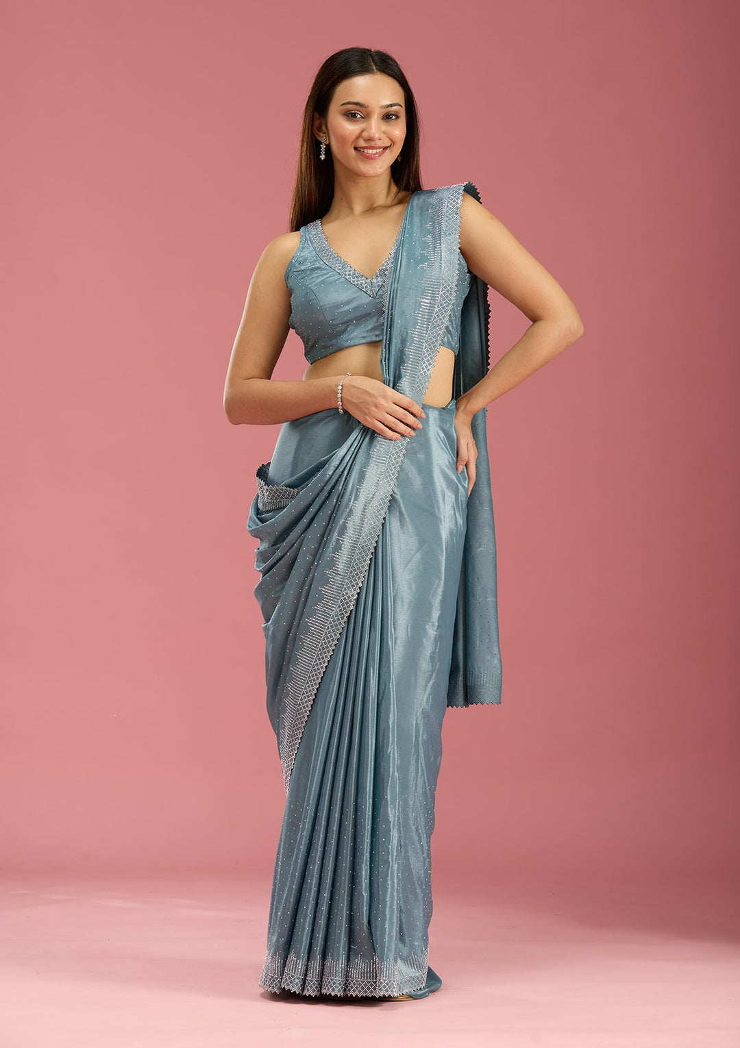 Teal Green Stonework (Silver) Satin Saree-Koskii