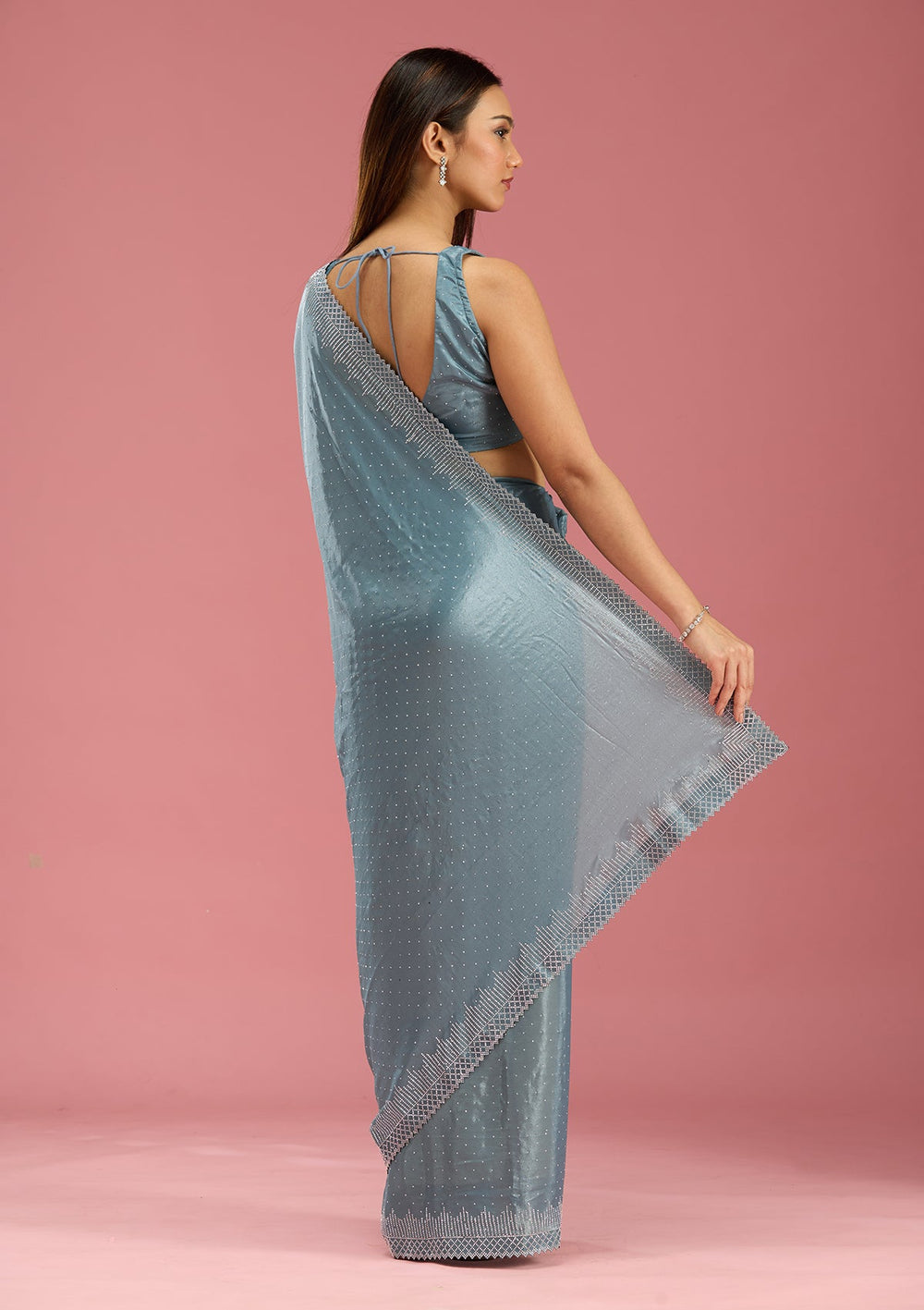 Teal Green Stonework (Silver) Satin Saree-Koskii