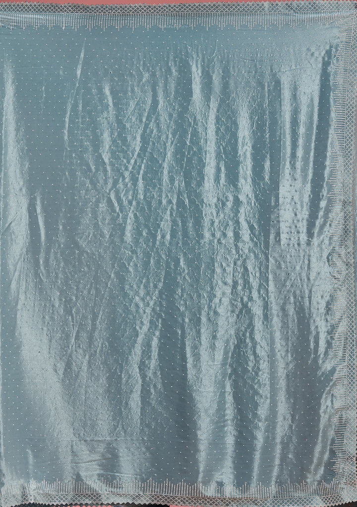 Teal Green Stonework (Silver) Satin Saree-Koskii