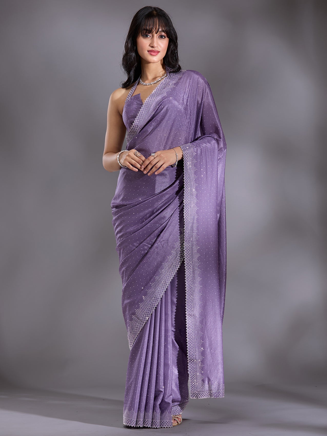 Violet Stonework (Silver) Satin Saree-Koskii