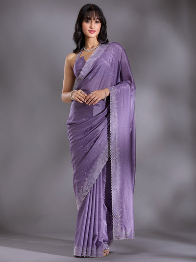 Violet Stonework (Silver) Satin Saree-Koskii