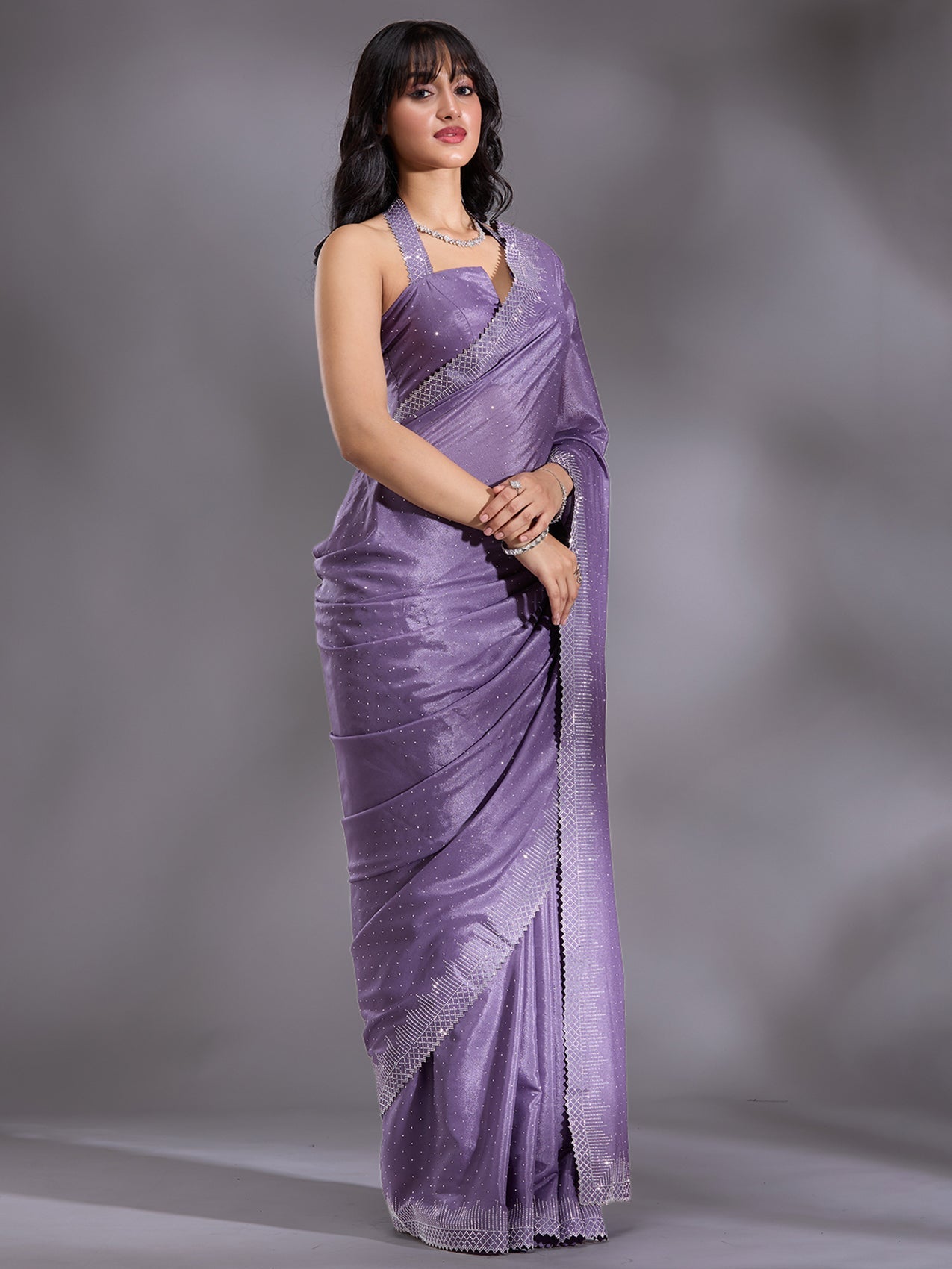 Violet Stonework (Silver) Satin Saree-Koskii