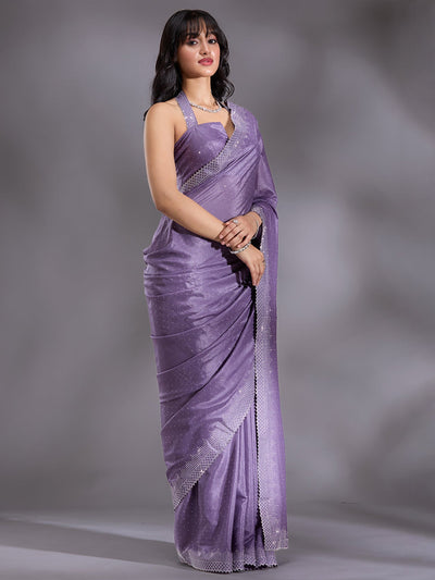 Violet Stonework (Silver) Satin Saree-Koskii