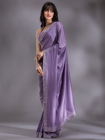 Violet Stonework (Silver) Satin Saree-Koskii