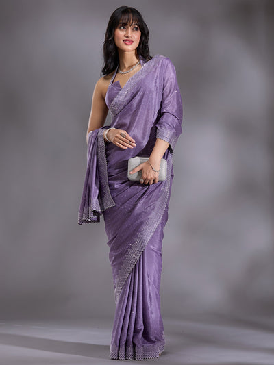 Violet Stonework (Silver) Satin Saree-Koskii