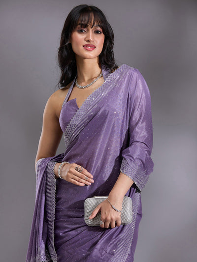 Violet Stonework (Silver) Satin Saree-Koskii