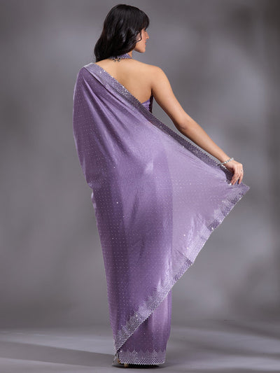 Violet Stonework (Silver) Satin Saree-Koskii