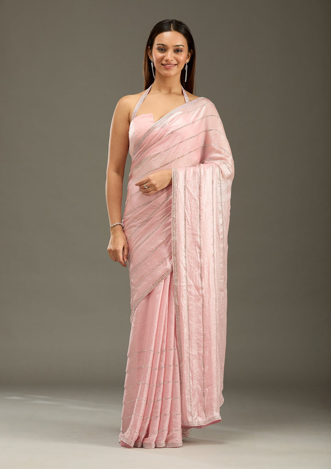 Gajari Pink Zariwork (Gold) Chinon Saree-Koskii
