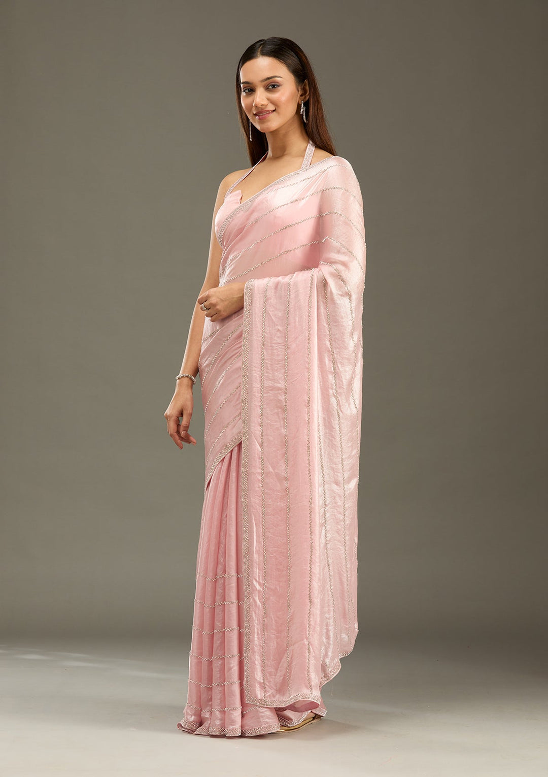 Gajari Pink Zariwork (Gold) Chinon Saree-Koskii