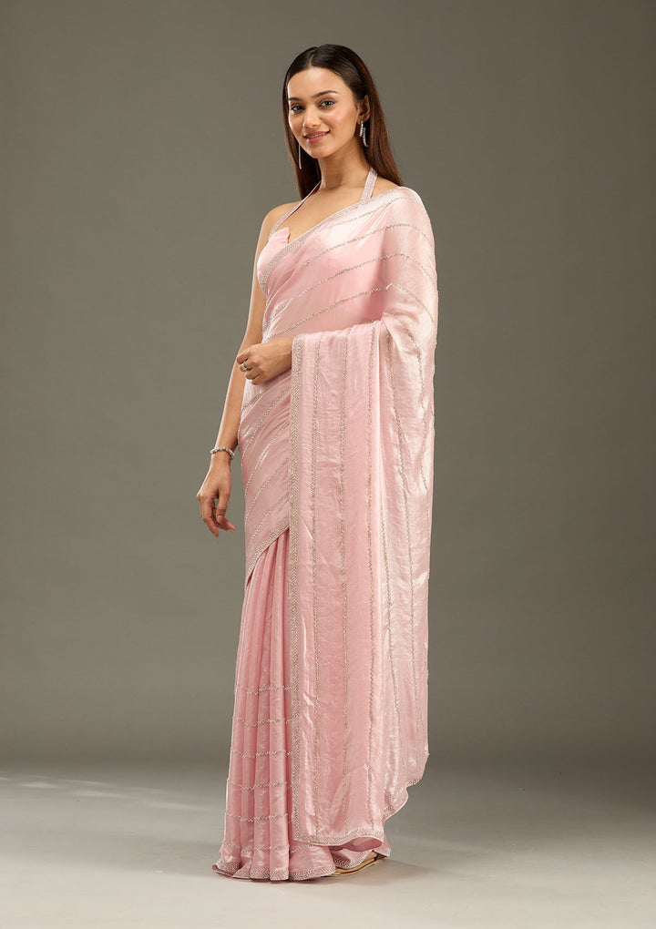 Gajari Pink Zariwork (Gold) Chinon Saree-Koskii