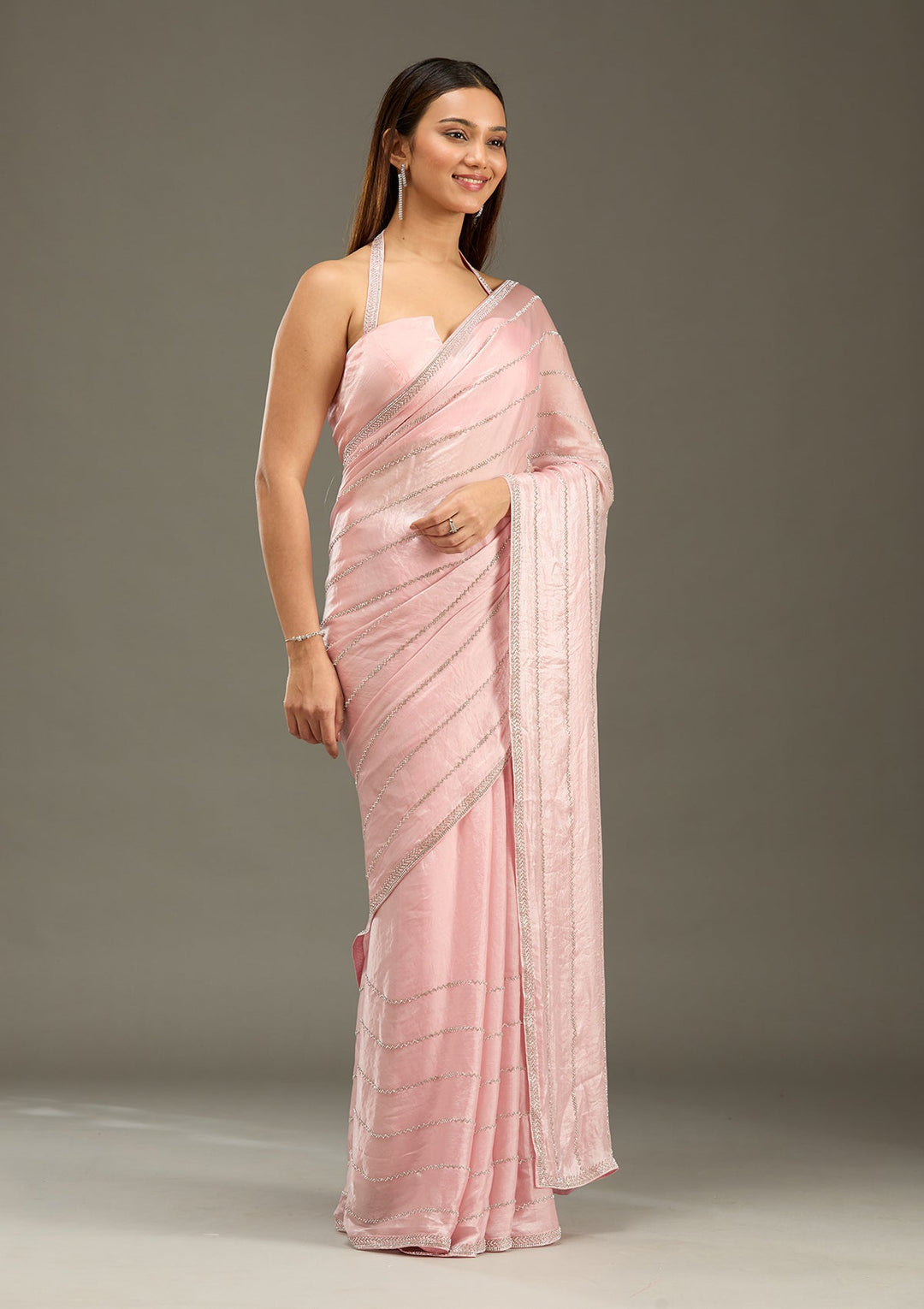 Gajari Pink Zariwork (Gold) Chinon Saree-Koskii