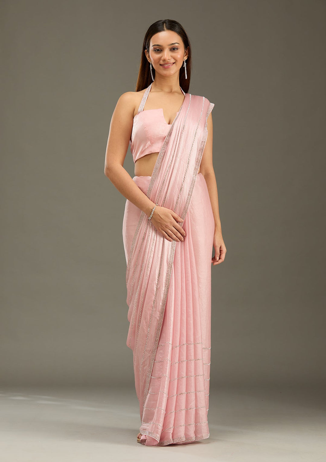 Gajari Pink Zariwork (Gold) Chinon Saree-Koskii