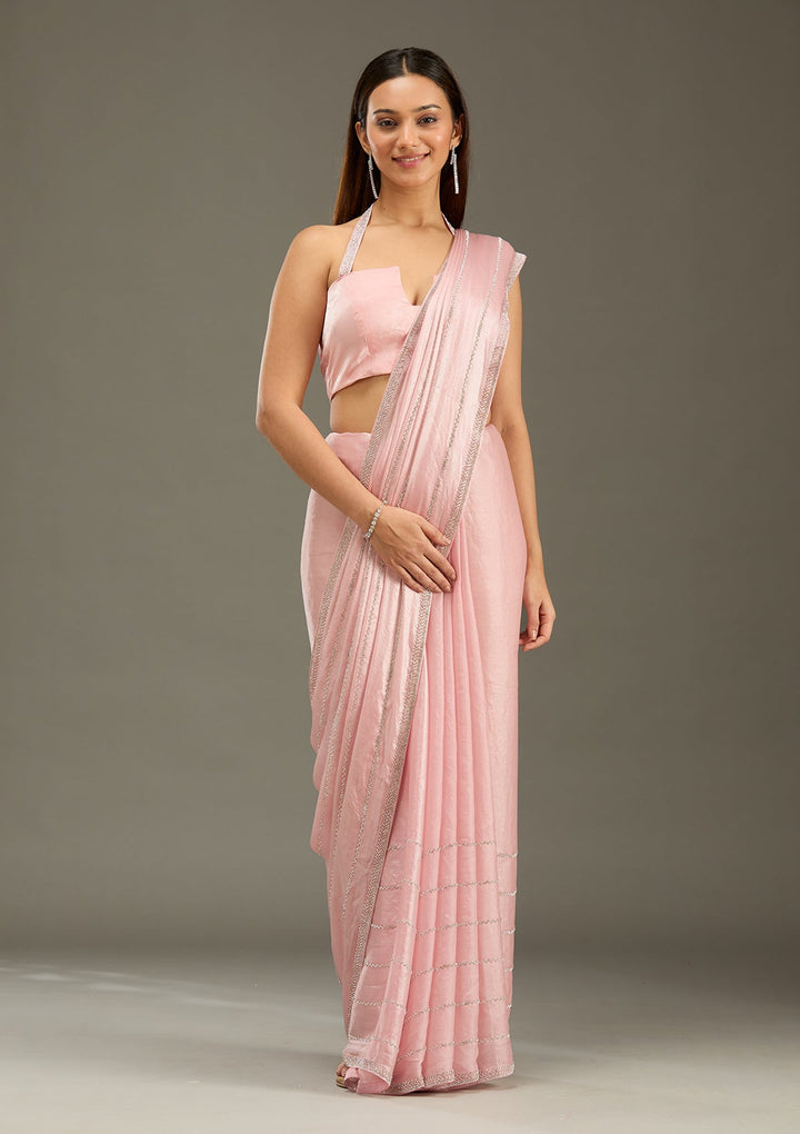 Gajari Pink Zariwork (Gold) Chinon Saree-Koskii
