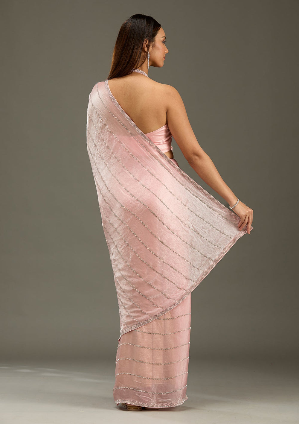 Gajari Pink Zariwork (Gold) Chinon Saree-Koskii