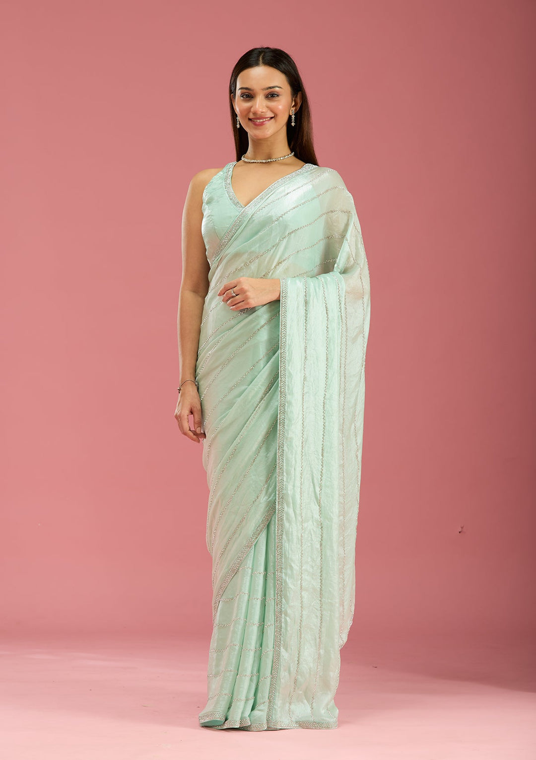 Pista Green Zariwork (Gold) Chinon Saree-Koskii