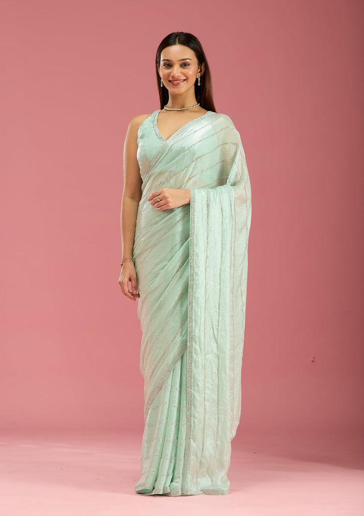 Pista Green Zariwork (Gold) Chinon Saree-Koskii