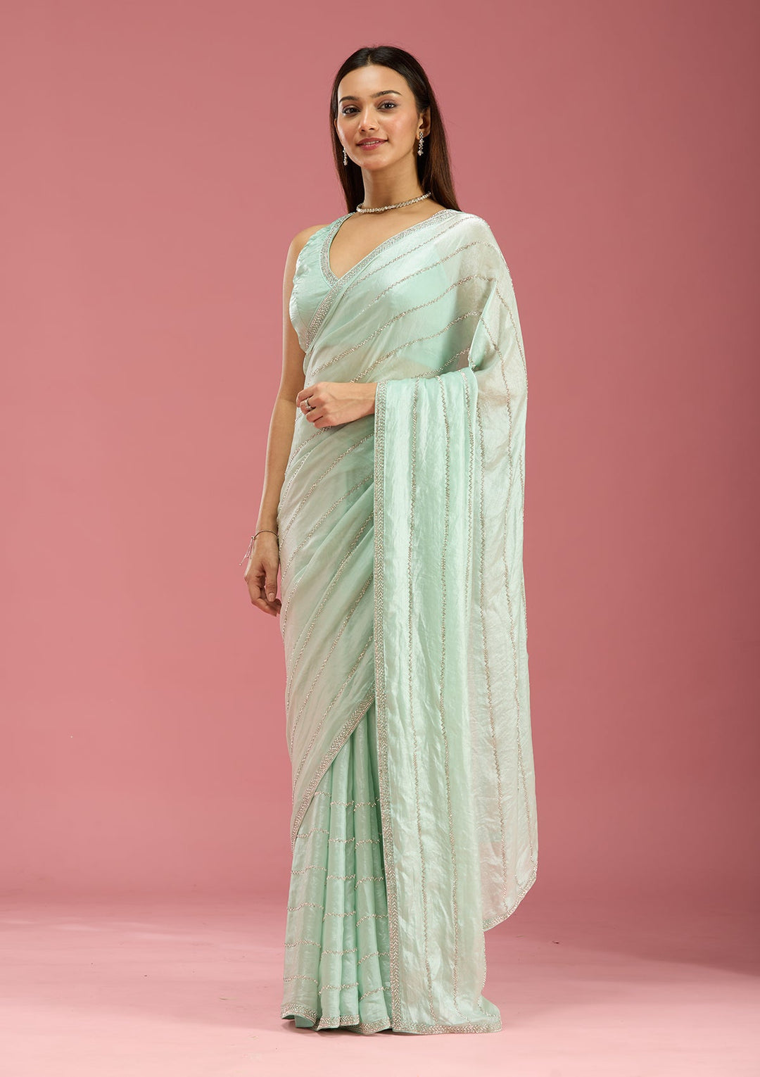 Pista Green Zariwork (Gold) Chinon Saree-Koskii