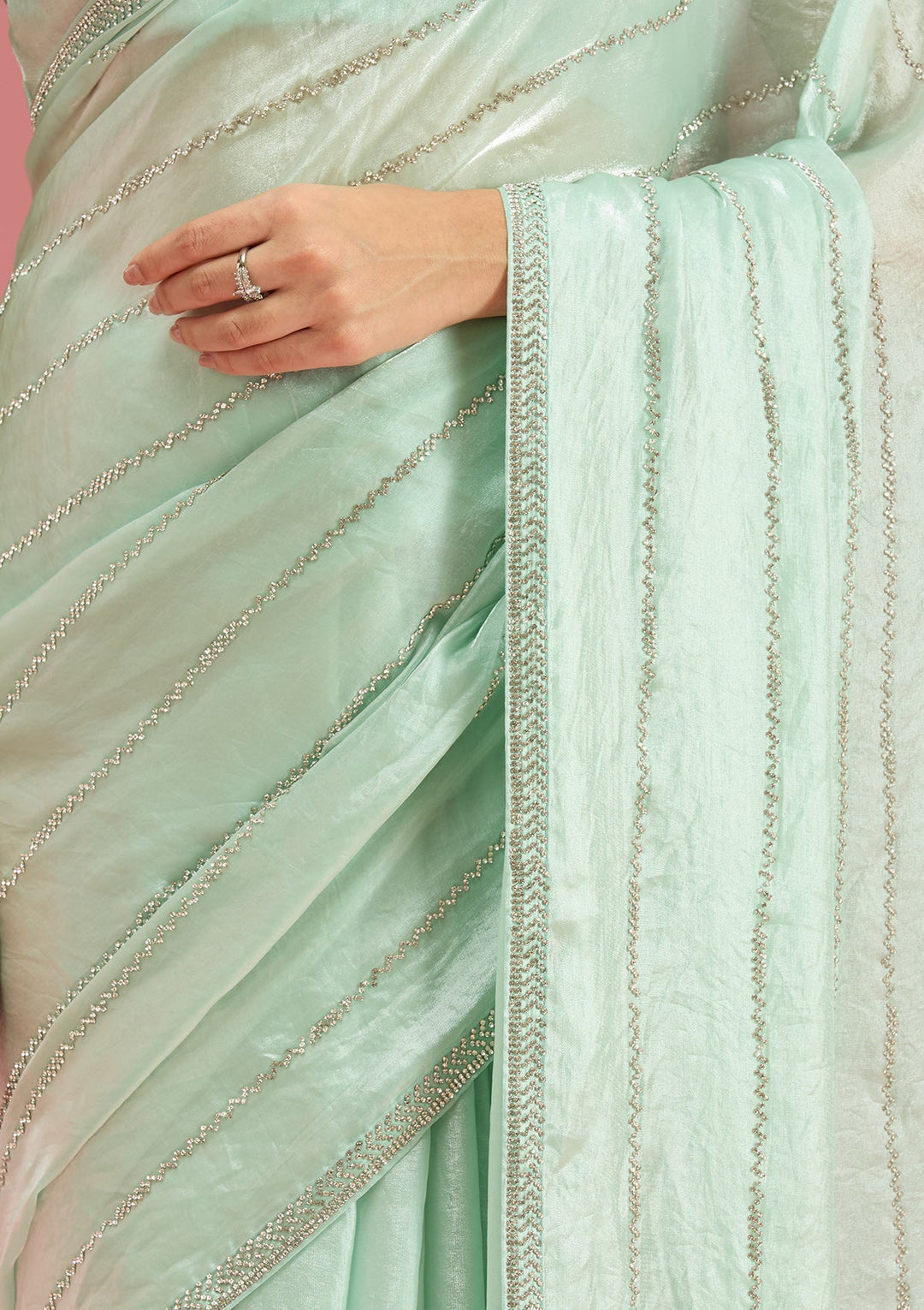 Pista Green Zariwork (Gold) Chinon Saree-Koskii