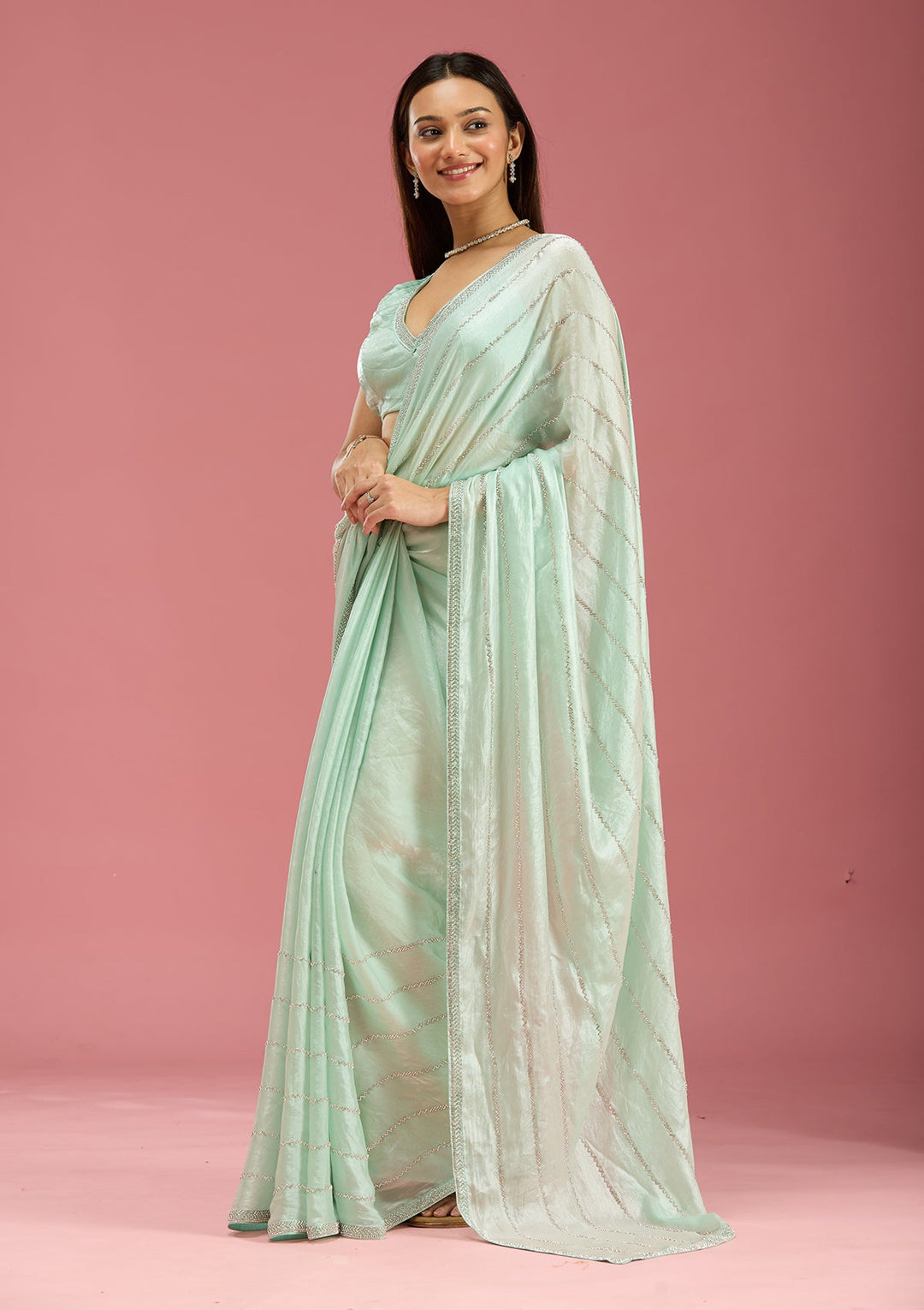 Pista Green Zariwork (Gold) Chinon Saree-Koskii