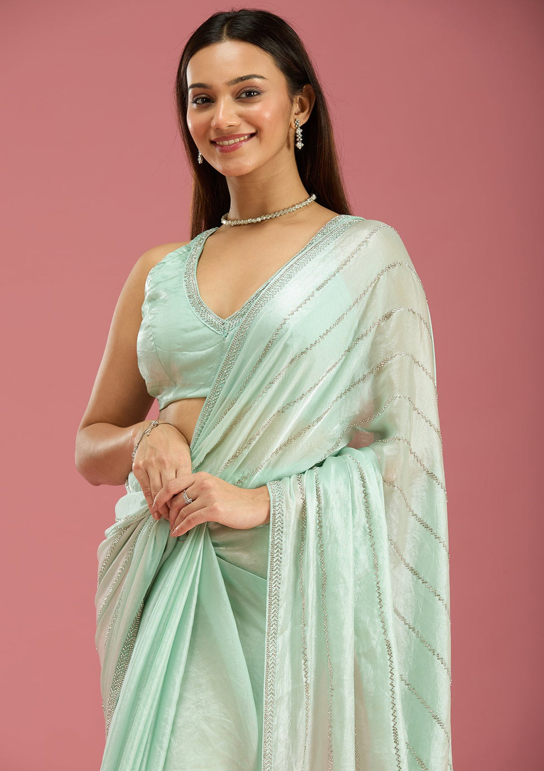 Pista Green Zariwork (Gold) Chinon Saree-Koskii