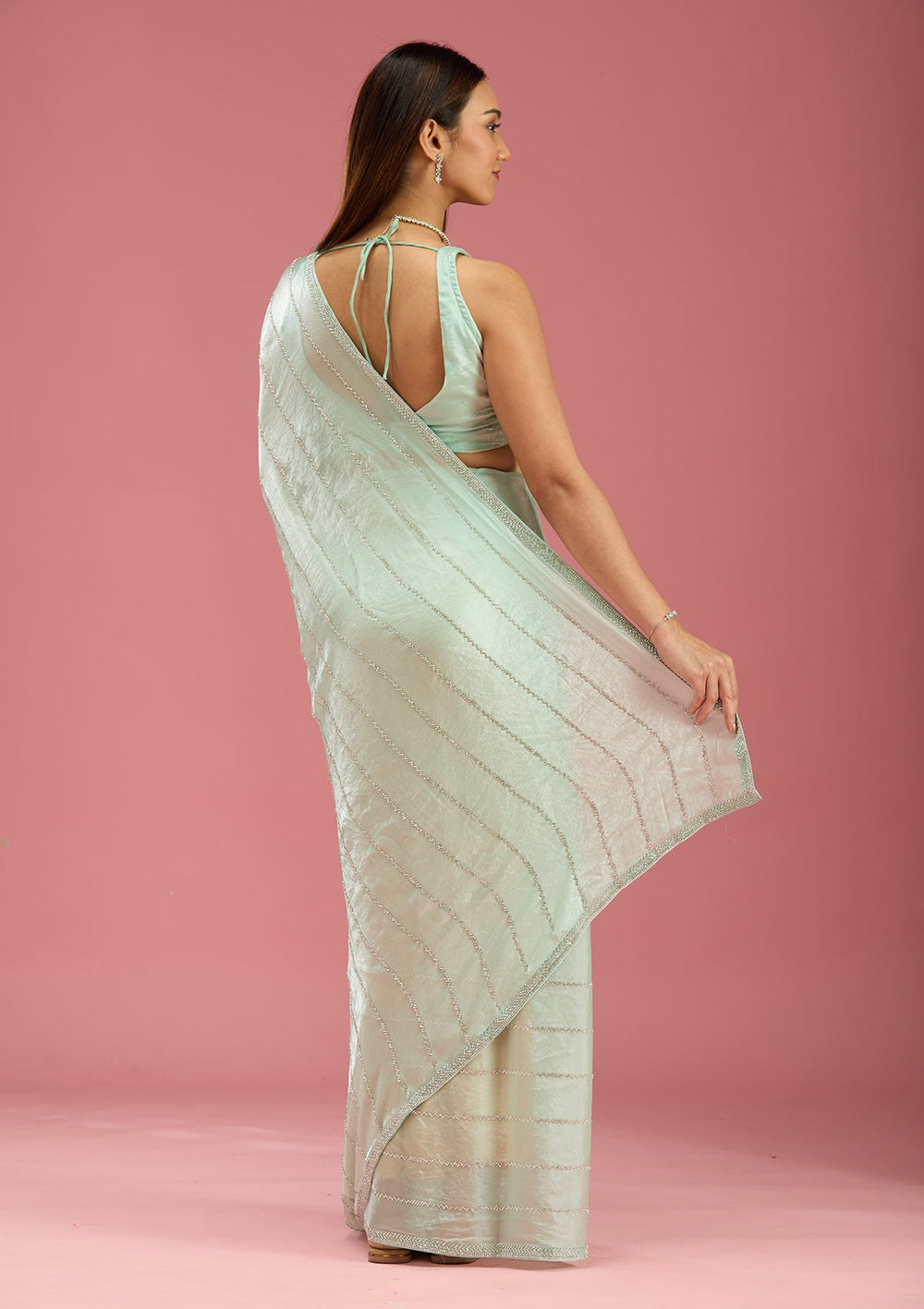 Pista Green Zariwork (Gold) Chinon Saree-Koskii