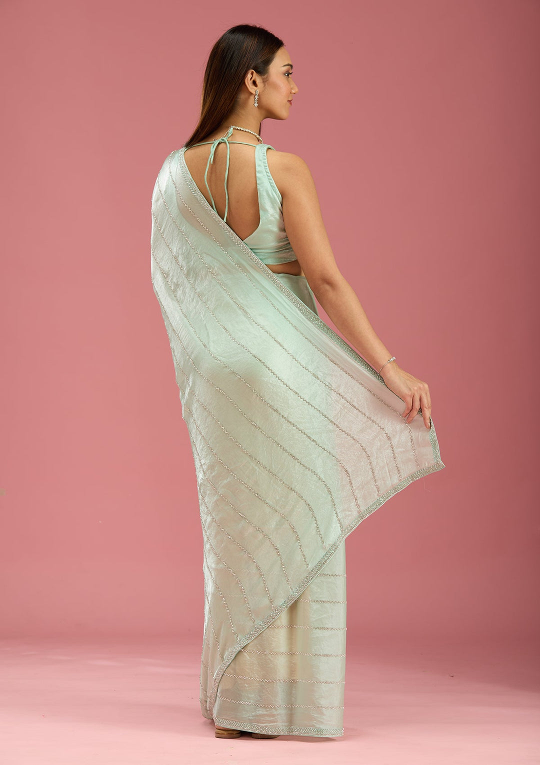 Pista Green Zariwork (Gold) Chinon Saree-Koskii