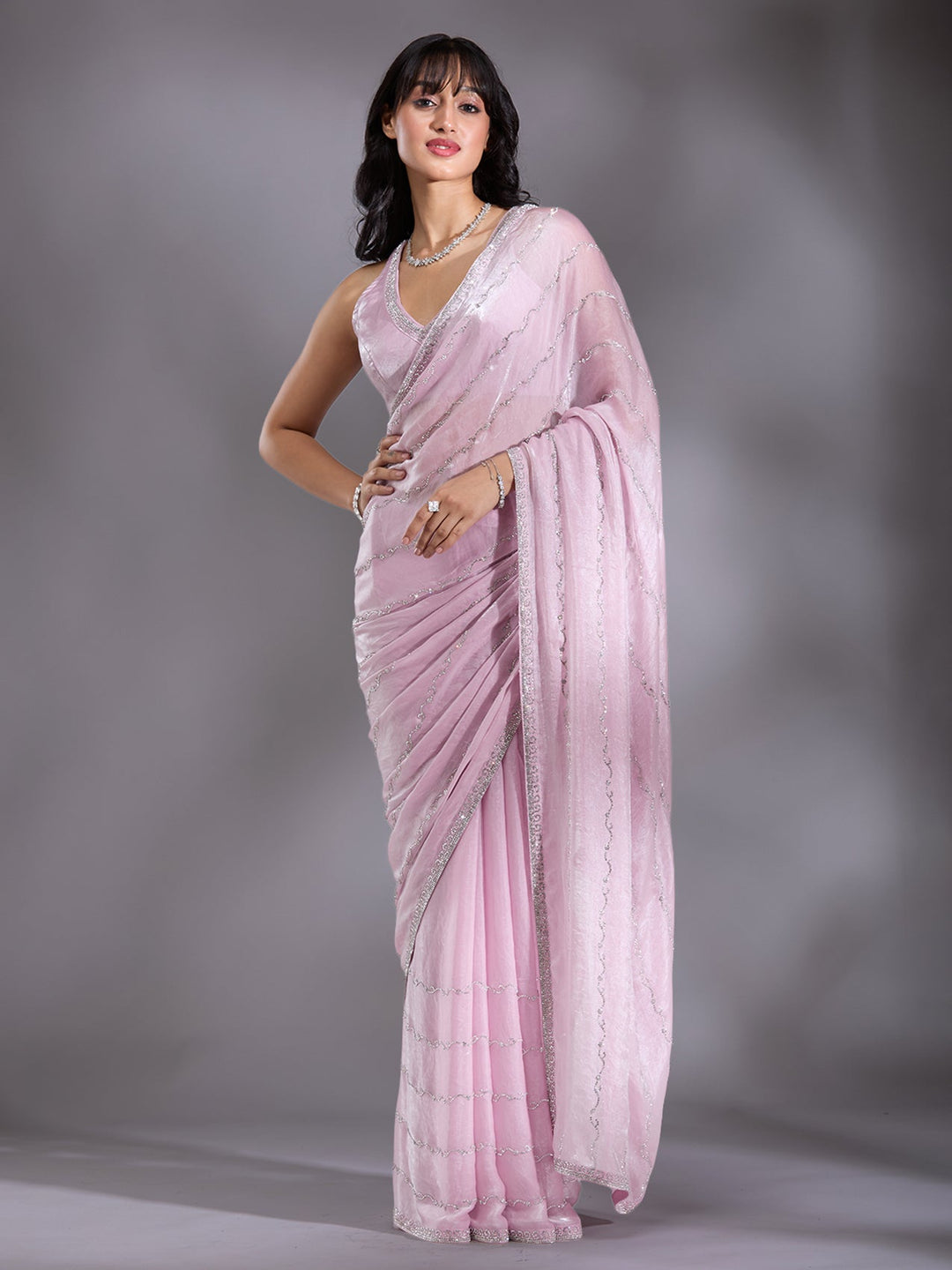 Onion Pink Zariwork (Gold) Chinon Saree-Koskii