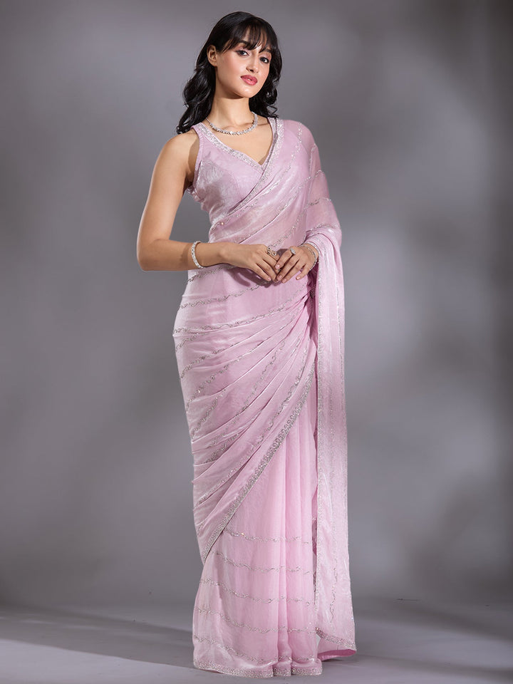 Onion Pink Zariwork (Gold) Chinon Saree-Koskii