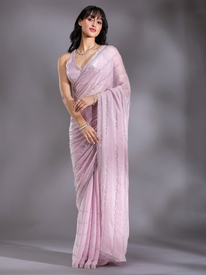 Onion Pink Zariwork (Gold) Chinon Saree-Koskii