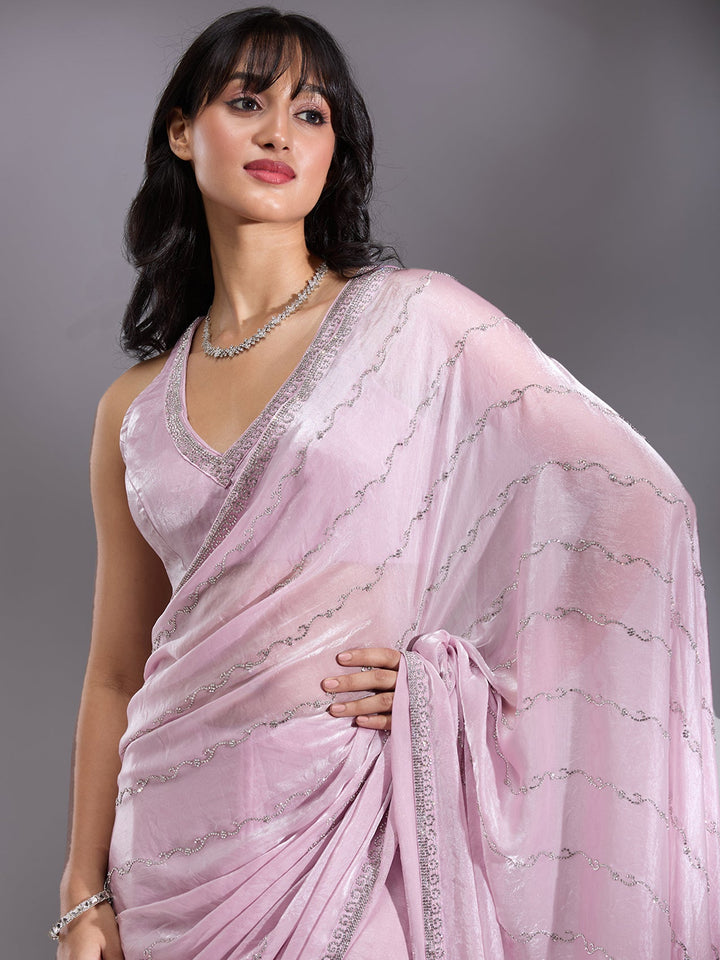 Onion Pink Zariwork (Gold) Chinon Saree-Koskii