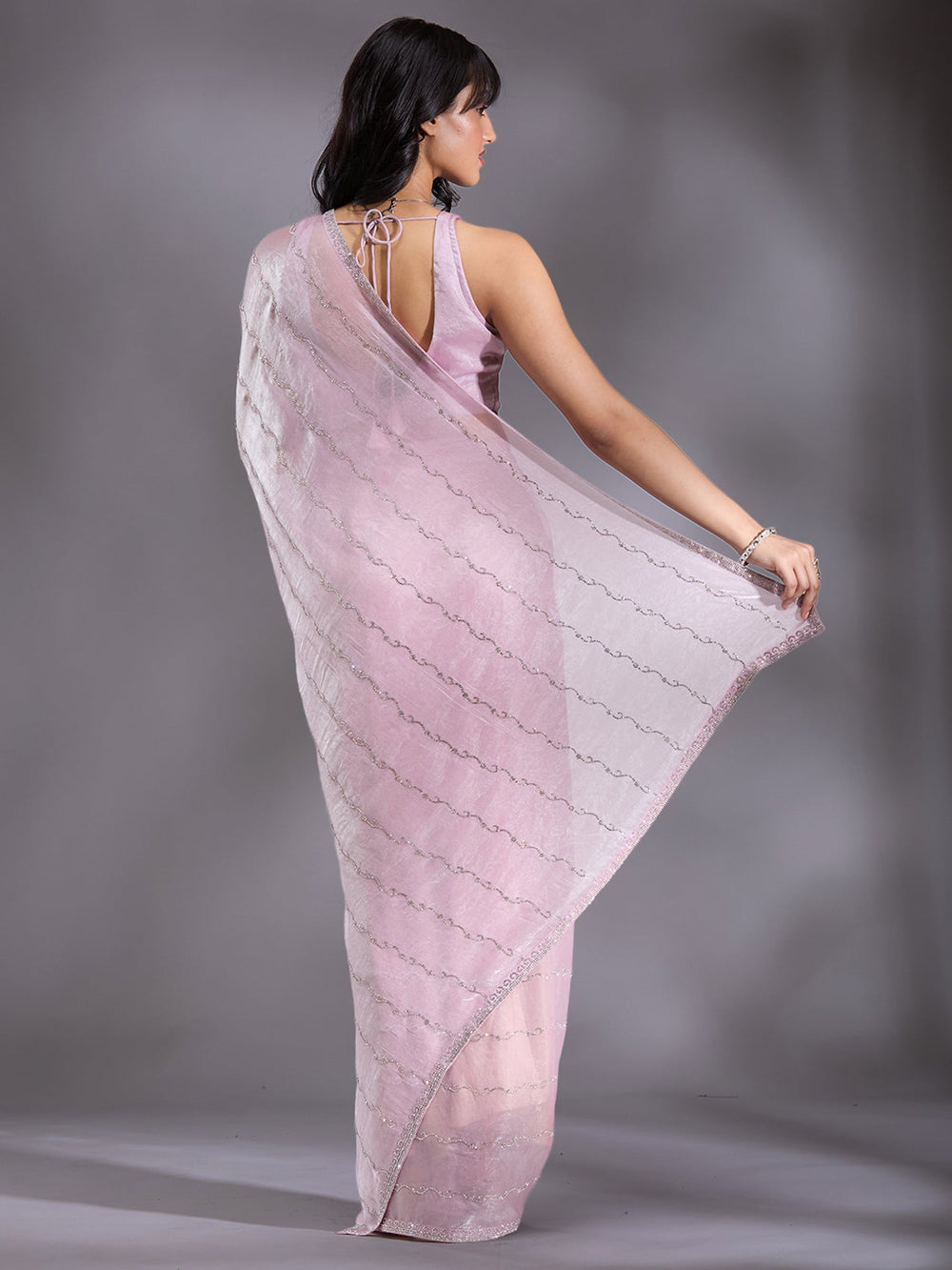 Onion Pink Zariwork (Gold) Chinon Saree-Koskii