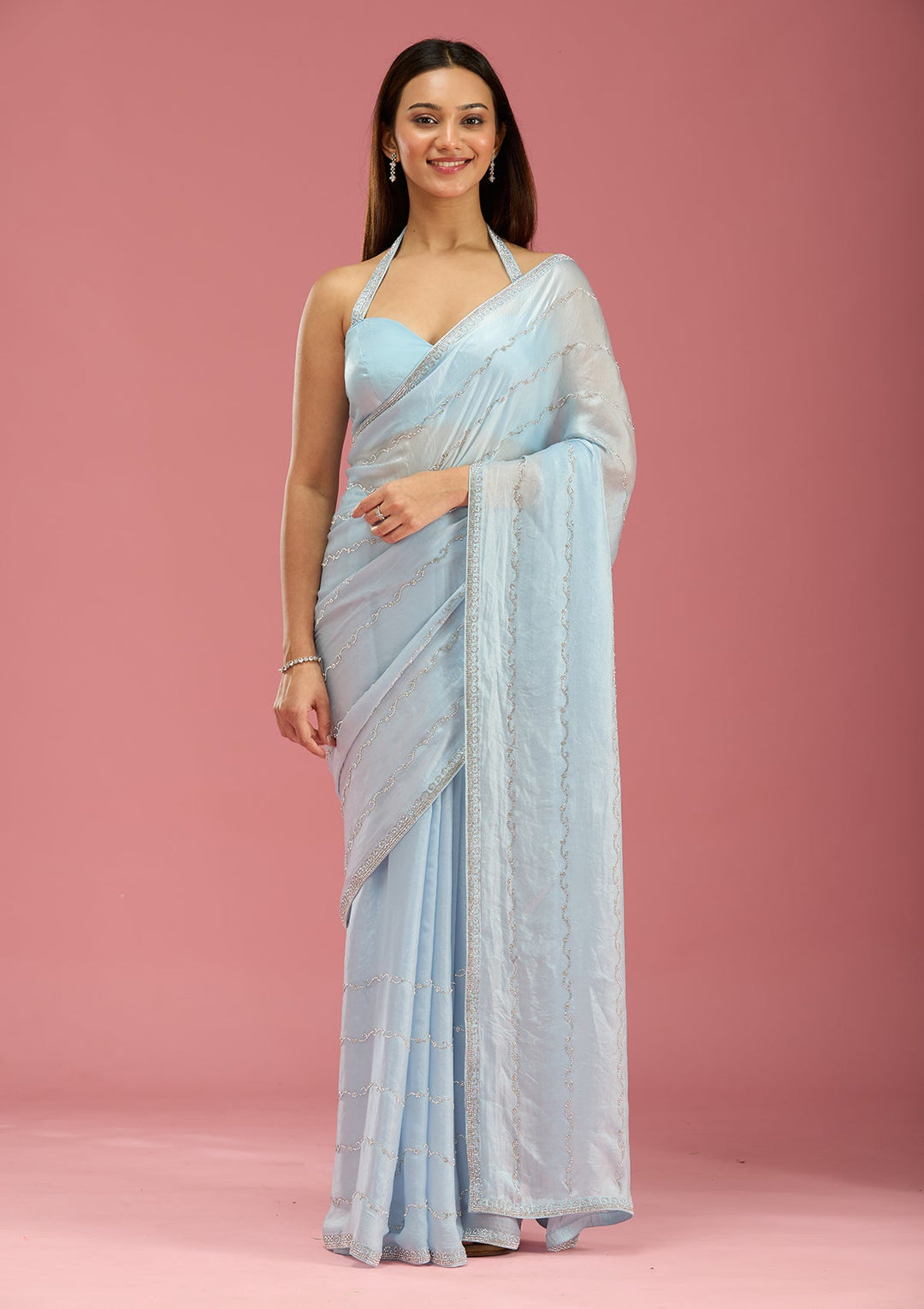 Sky Blue Zariwork (Gold) Chinon Saree-Koskii