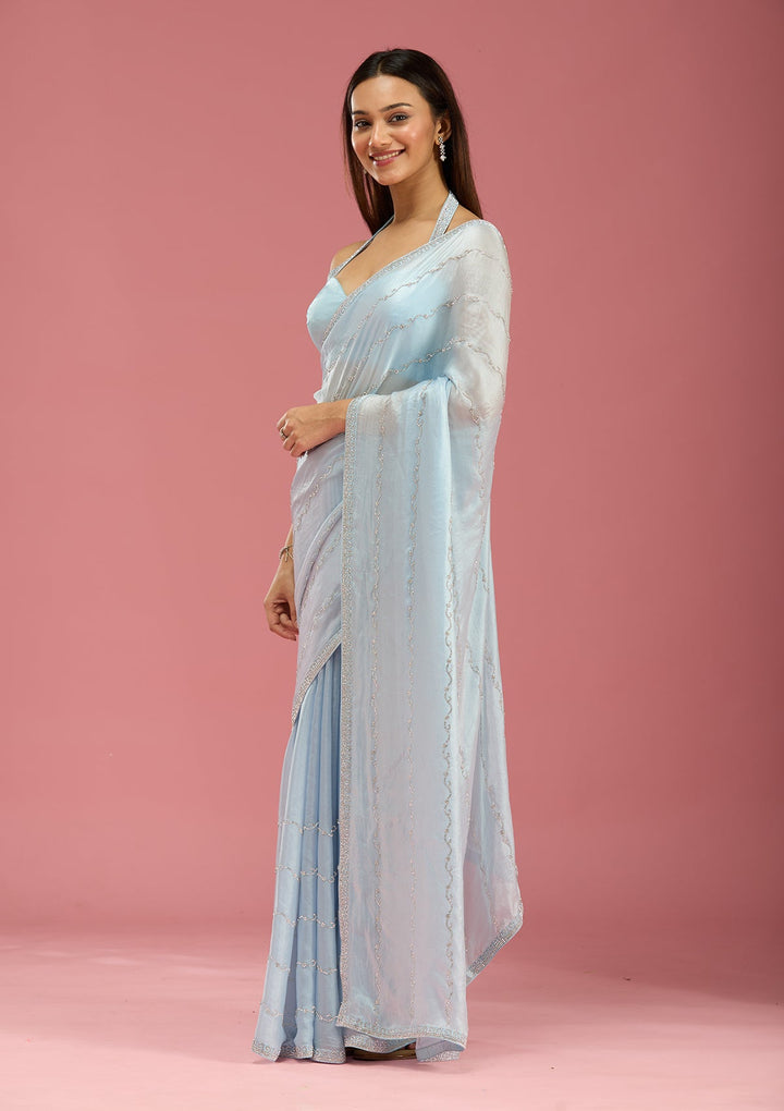Sky Blue Zariwork (Gold) Chinon Saree-Koskii
