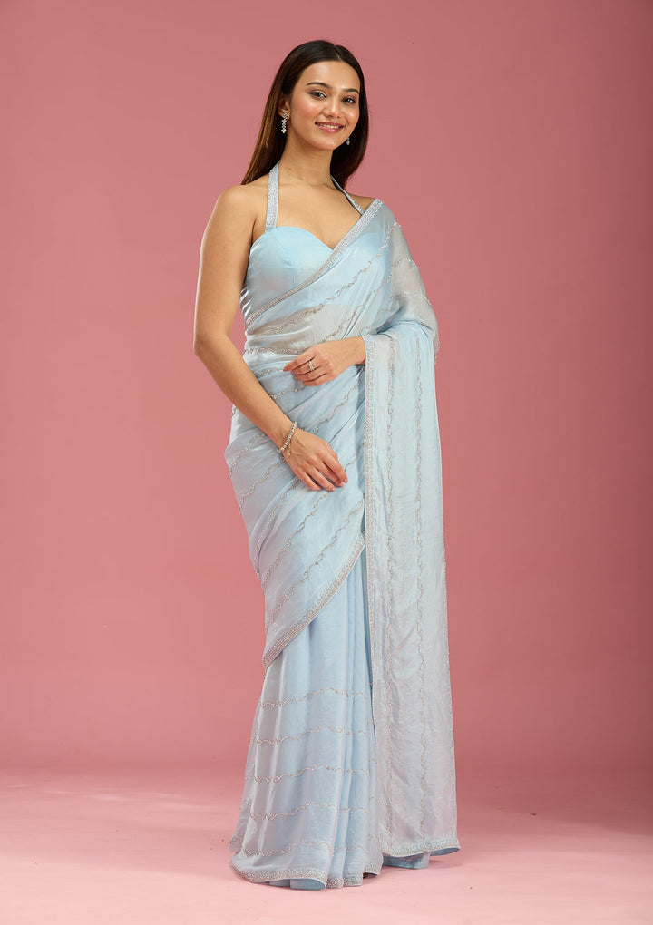 Sky Blue Zariwork (Gold) Chinon Saree-Koskii