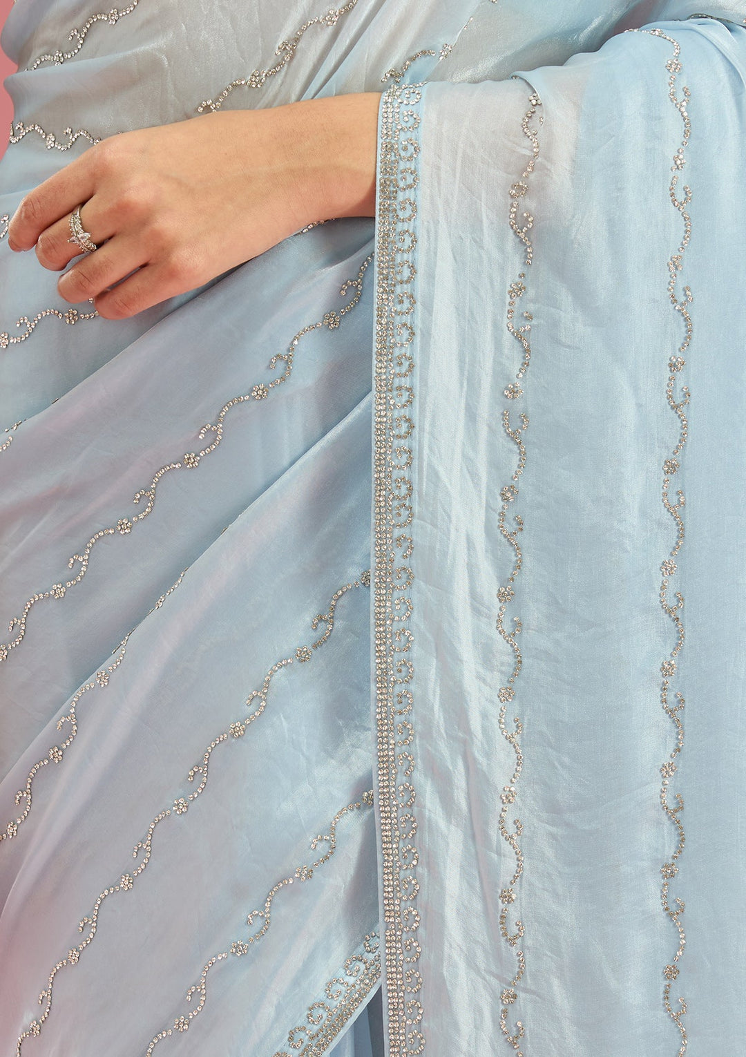 Sky Blue Zariwork (Gold) Chinon Saree-Koskii