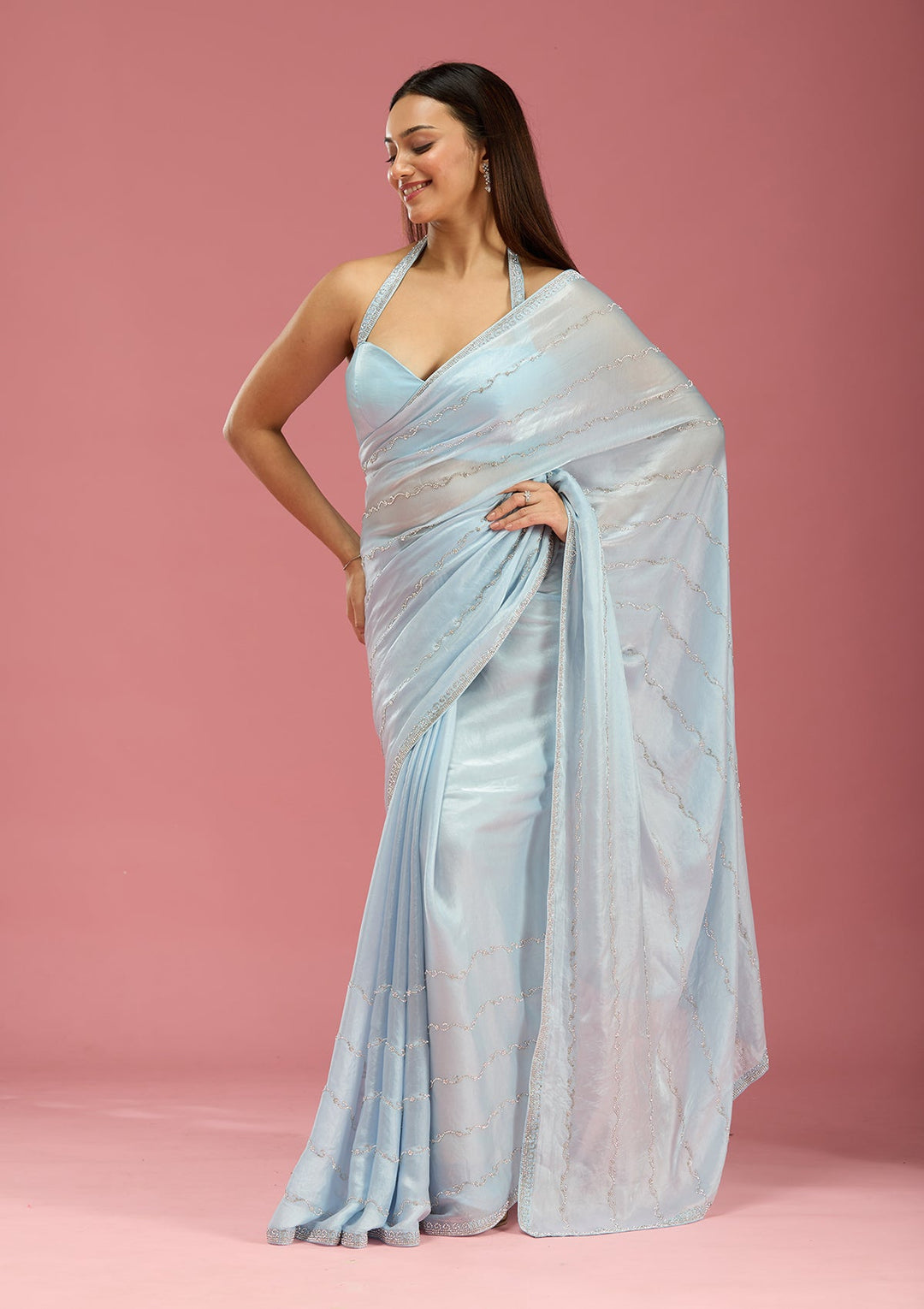 Sky Blue Zariwork (Gold) Chinon Saree-Koskii