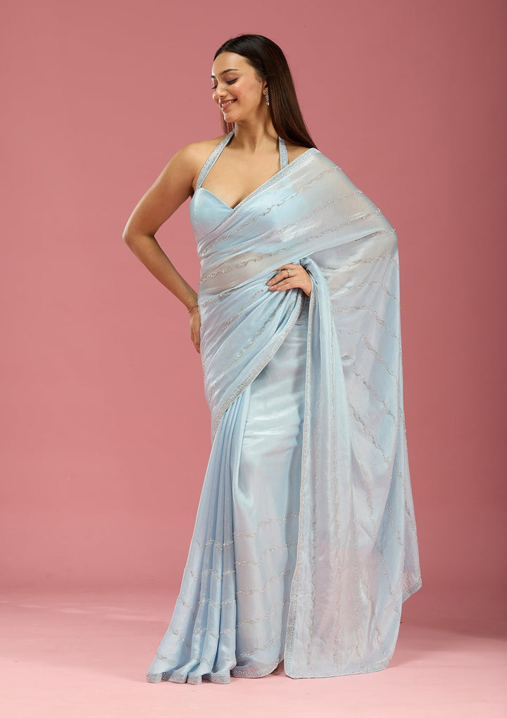 Sky Blue Zariwork (Gold) Chinon Saree-Koskii