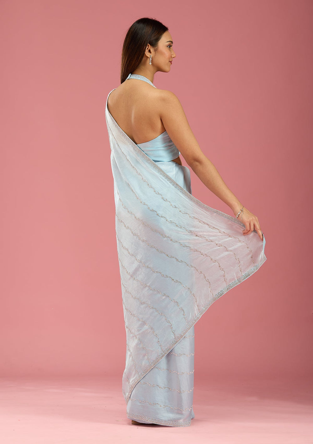 Sky Blue Zariwork (Gold) Chinon Saree-Koskii