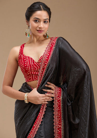 Black Printed Satin Saree-koskii