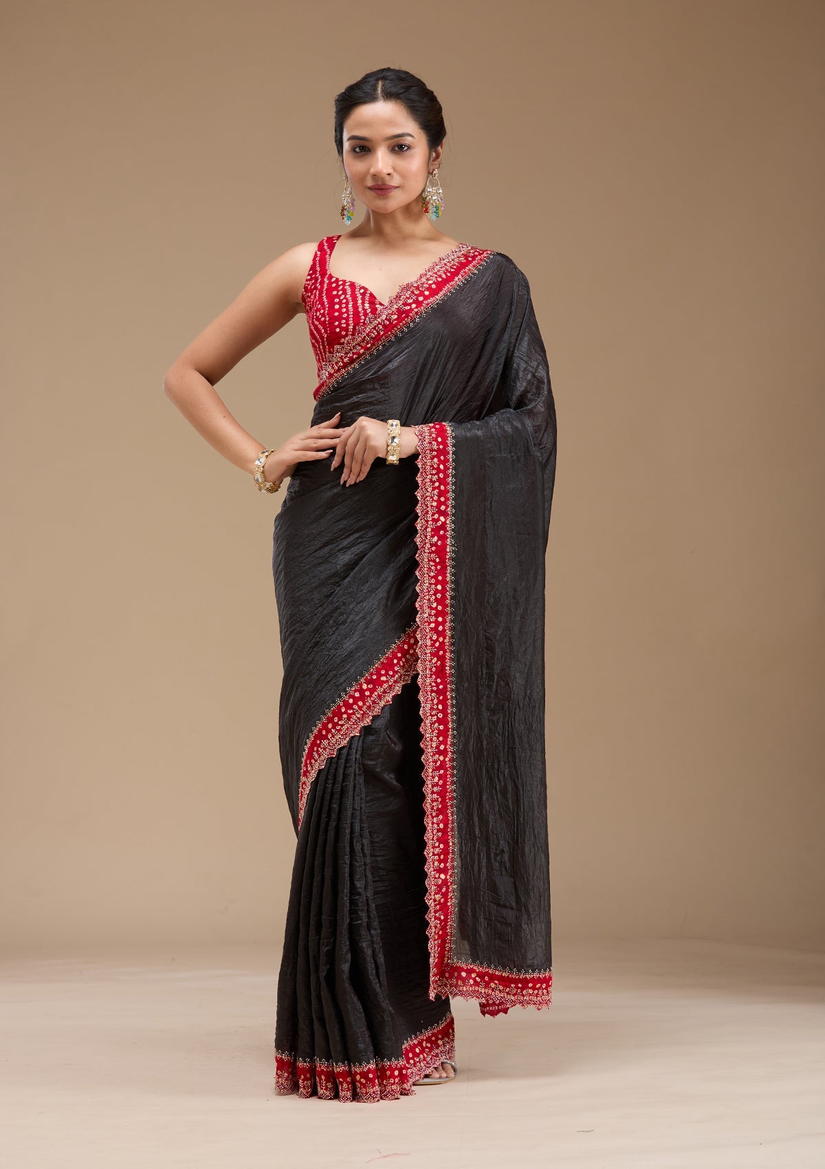 Black Printed Satin Saree-koskii