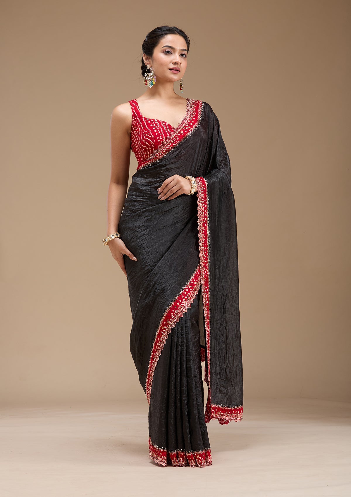 Black Printed Satin Saree-koskii