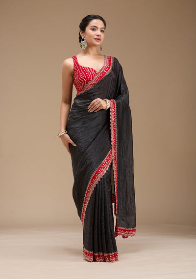 Black Printed Satin Saree-koskii