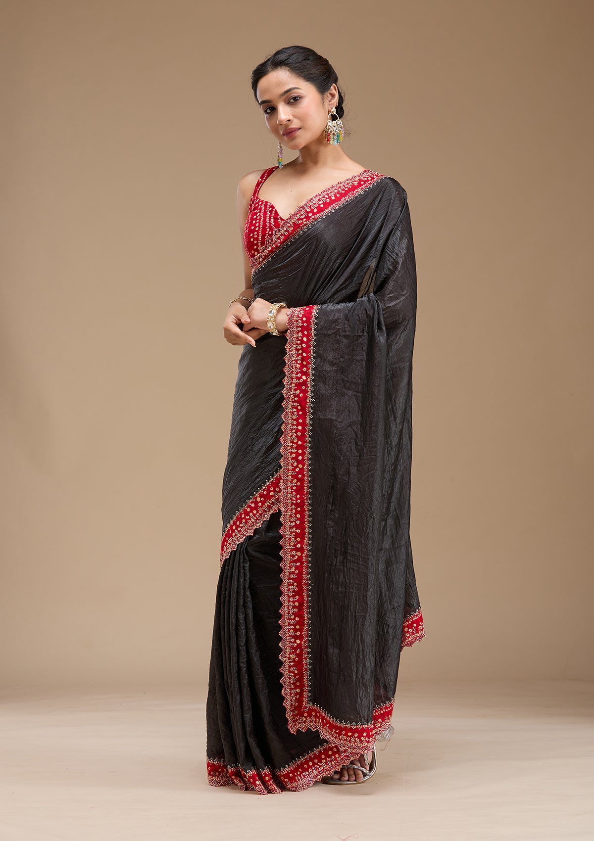 Black Printed Satin Saree-koskii