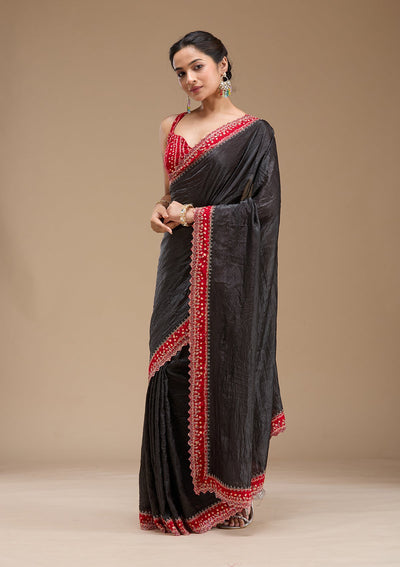 Black Printed Satin Saree-koskii