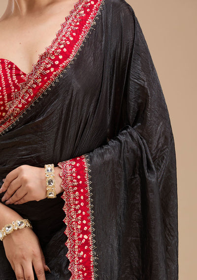 Black Printed Satin Saree-koskii