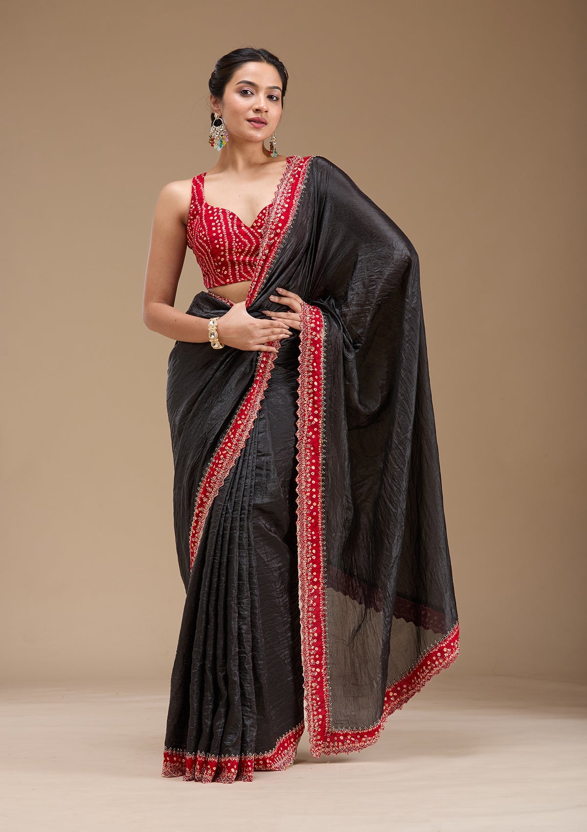 Black Printed Satin Saree-koskii