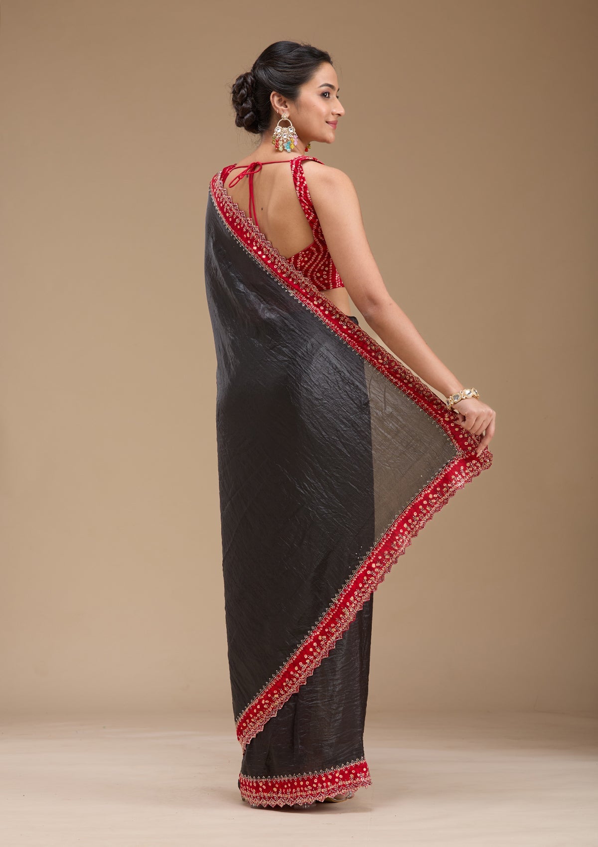 Black Printed Satin Saree-koskii
