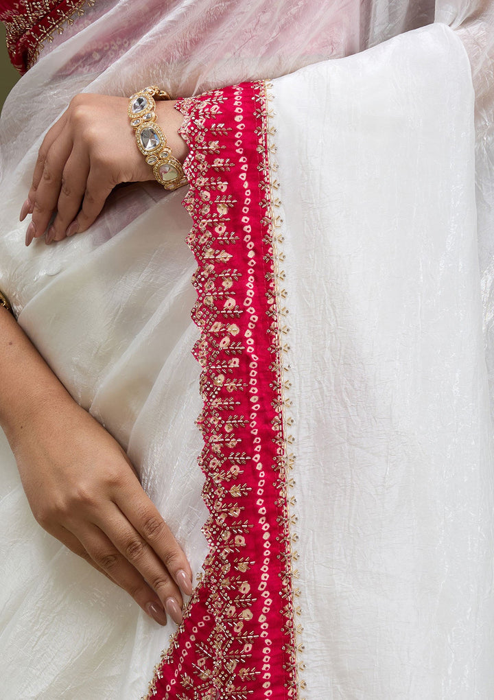 White Printed Satin Saree-koskii