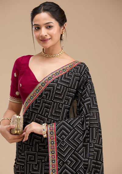 Black Printed Soft Raw Silk Saree-koskii